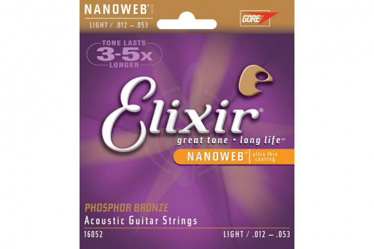 Изображение Elixir 16052 NANOWEB - Комплект струн для акустической гитары, легкое натяжение, бронза, 12-53